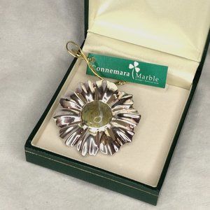 Authentic Green Connemara Marble & Sterling Silver Floral Brooch Pin
